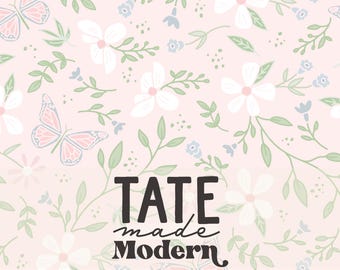 Blush Pink Butterfly Garden Flower Seamless Pattern - Preppy Modern Floral Seamless Pattern File - Grandmillenial