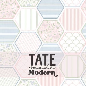 May include: A patterned design featuring a patchwork of hexagonal shapes in pastel colors. The design includes stripes, floral patterns, and butterfly motifs. The text "TATE made Modern" is displayed in a bold, modern font.