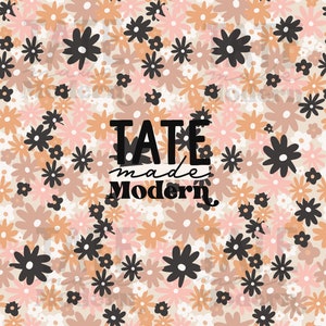 May include: A white background with a pattern of pink, orange, and black flowers. The text "TATE made MODERN" is in the centre of the image.