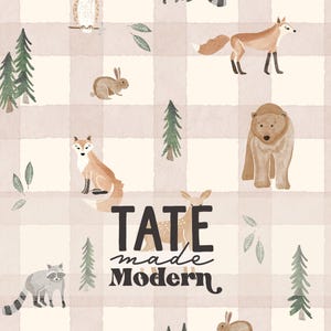 Fichier de motif à carreaux animaux des bois aquarelle - motif forêt vichy rose sans couture, renard, ours, raton laveur, motif enfants sans couture