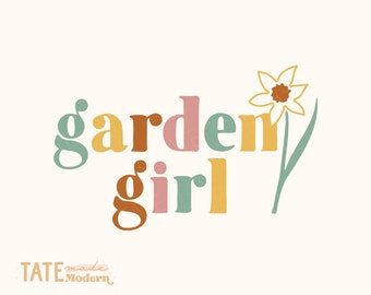 Garden girl SVG cut file - retro spring girl svg, daffodil svg, garden lady svg, gardening png - Commercial Use, Digital File