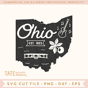 May include: A black and white silhouette of the state of Ohio with the text "Ohio" and "EST. 1803" inside the outline. The silhouette is filled with a pattern of the word "TATE" repeated in various sizes. There are also images of a bridge, a guitar, a flower, and a cherry.