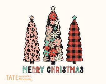 Merry Christmas Trees PNG for sublimation - pink teal red retro christmas leopard print png, retro holiday png- Commercial Use, Digital File