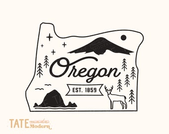 May include: Black and white line art illustration of the state of Oregon with a mountain, trees, a deer, and the text "Oregon Est. 1859".