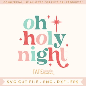 May include: A digital design featuring the text "oh' holy night" in a festive Christmas color scheme of red, pink, and teal. The text is stylized with a retro font and includes a star graphic.