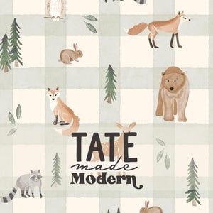 Fichier de motif à carreaux animaux des bois aquarelle - motif forêt Vichy vert sans couture, renard, ours, raton laveur, motif enfants sans couture