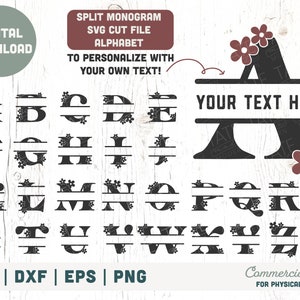 Puede incluir: Alfabeto de monograma dividido en archivo de corte SVG para personalizar con tu propio texto. Las letras están decoradas con diseños florales y tienen un diseño dividido con una línea en el medio para agregar texto. La imagen muestra la letra A con el texto "YOUR TEXT HERE" en el medio.