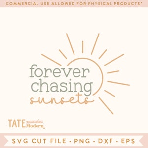 May include: A digital design featuring a stylized sun with rays and the text "forever chasing sunsets".