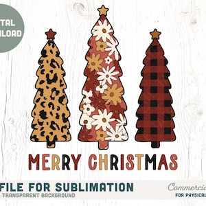 昇華用メリークリスマスツリーPNG - ボヘミアンレトロクリスマスヒョウ柄PNG、レトロホリデーフローラルPNG - 商用利用、デジタルファイル