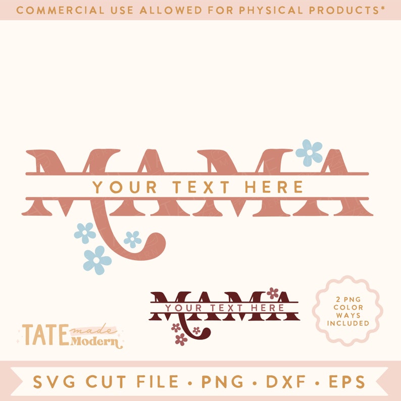 Op de afbeelding: Gesplitst monogram ontwerp met het woord "MAMA" in roze met een gouden omtrek. De letters worden gescheiden door een horizontale lijn met de tekst "YOUR TEXT HERE" in goud boven de lijn. Het ontwerp bevat kleine blauwe bloemen.