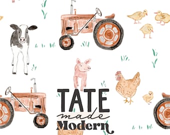 May include: A watercolour illustration of a farm scene with a red tractor, a cow, a pig, chickens, ducks, and the text "TATE made Modern".