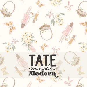 May include: A seamless pattern featuring watercolor illustrations of floral bouquets, butterflies, bows, and girls in pink dresses. The text "TATE made Modern" is displayed in a bold, black font.