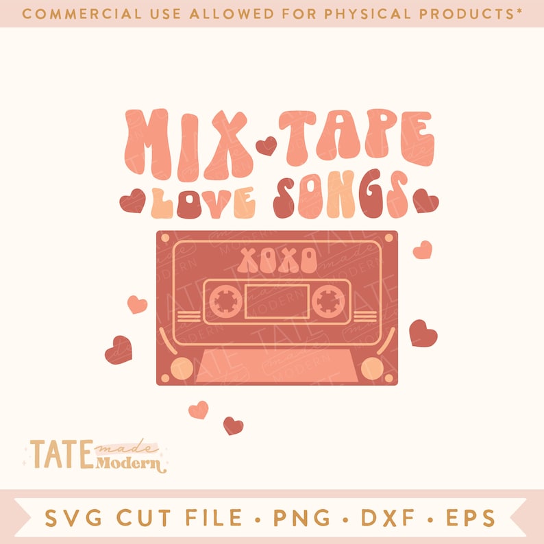 May include: A pink and red cassette tape with the text "MIX-TAPE LOVE SONGS" and "XOXO" on it. There are several pink hearts around the cassette tape.