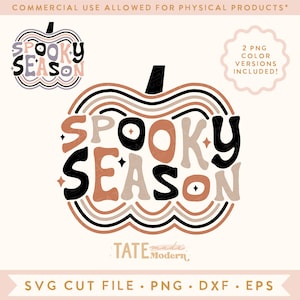 May include: A digital design featuring the text "Spooky Season" in a pumpkin shape. The text is in a retro style with black, brown, and beige colors. The design is perfect for Halloween crafts and projects.