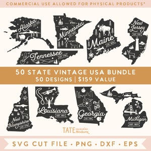 50 State SVG cut file Bundle - Vintage USA designs - retro 50 state USA png bundle, retro state symbols svg - Commercial Use, Digital File