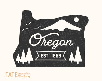 May include: Black and white graphic design of the state of Oregon with a mountain range, pine trees, and the text "Oregon Est. 1859".