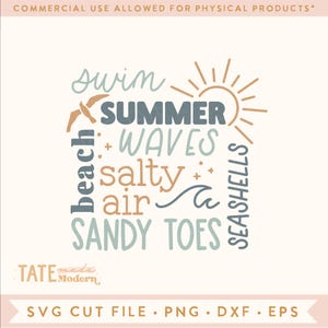 File di taglio SVG Summer Beach Word Collage - Sole onda estate svg, spiaggia estate png, spiaggia retrò svg, oceano png - Uso commerciale, file digitale