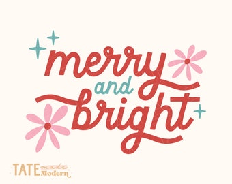 Merry & bright Retro Holiday SVG cut file, Boho Christmas svg, Christmas mama shirt svg, floral Christmas svg - Commercial Use, Digital File