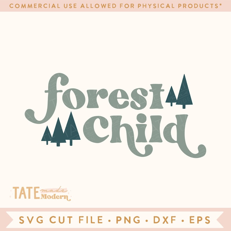 May include: A digital design featuring the text "forest child" in a stylized font with a green-blue color. The text is accompanied by a cluster of small dark blue stylized pine trees.