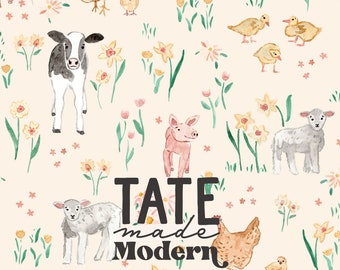May include: A repeating pattern with watercolour illustrations of farm animals, including a cow, pig, lamb, chickens, and ducks, set against a cream background with flowers and greenery. The text "TATE made Modern" is also included.