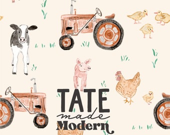 May include: A watercolour illustration of a farm scene with a red tractor, a cow, a pig, chickens, ducks, and the text "TATE made Modern".