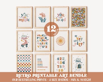 Retro Kid Printable Art bundle, Boho Retro Kid Room Art, Modern Playroom nursery art, Earth tones | DIGITAL Download 8x10, 11x14, A3, A4