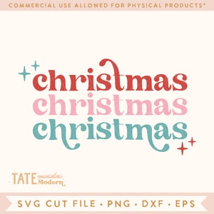 Pode incluir: Um arquivo de design digital para um gr&aacute;fico com tema natalino com a palavra "christmas" repetida tr&ecirc;s vezes em vermelho, rosa e turquesa. O texto &eacute; estilizado com uma fonte retr&ocirc; e inclui sinais de mais de cada lado.