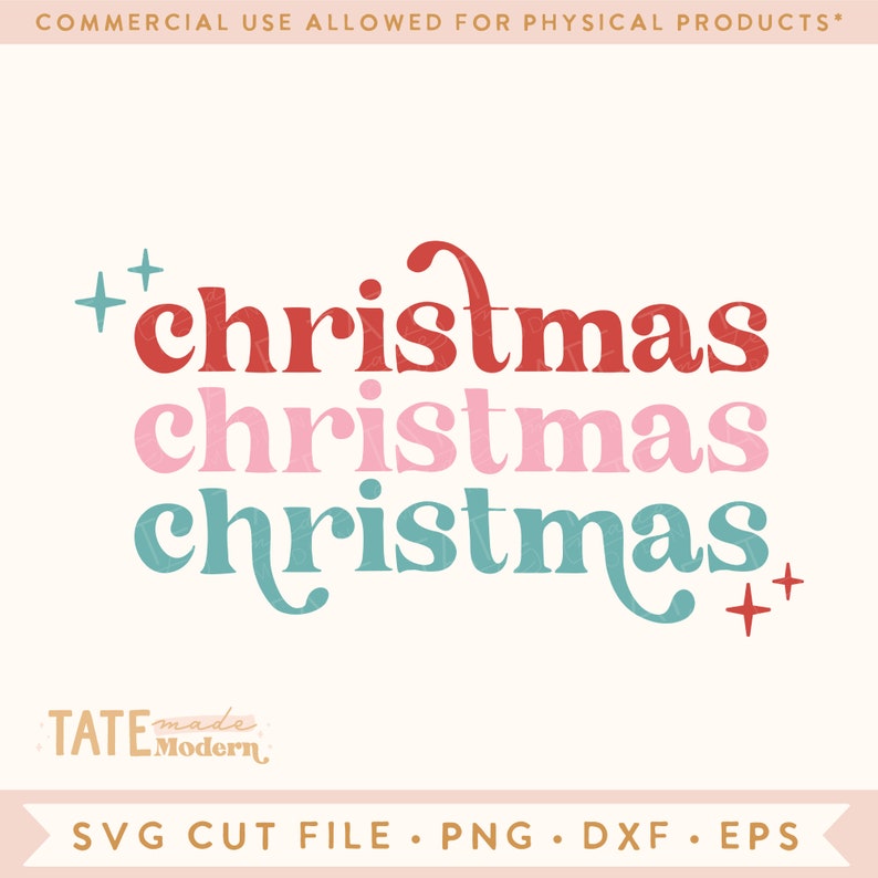 Pode incluir: Um arquivo de design digital para um gr&aacute;fico com tema natalino com a palavra "christmas" repetida tr&ecirc;s vezes em vermelho, rosa e turquesa. O texto &eacute; estilizado com uma fonte retr&ocirc; e inclui sinais de mais de cada lado.