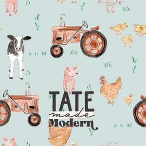 Aquarelle animaux de ferme tracteur Seamless Pattern File - motif bleu printemps sans couture, ferme sans couture, vache, cochon, poulet, motif de tissu de canard