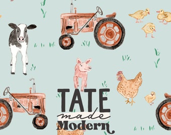May include: A watercolour illustration of a farm scene with a red tractor, a cow, a pig, a chicken, and ducks. The text "TATE made Modern" is written in black letters.