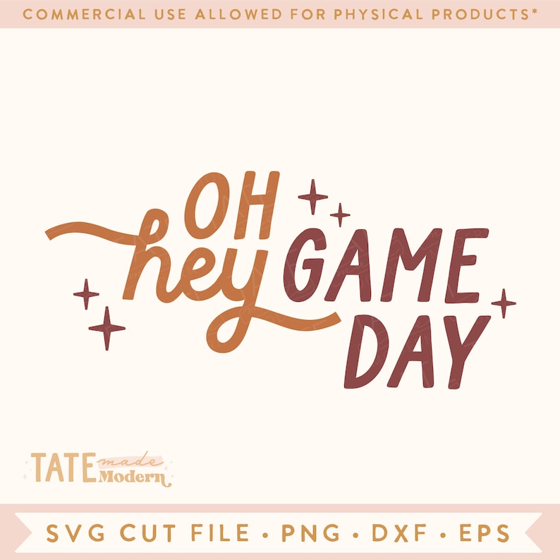 May include: A digital design featuring the text "OH hey GAME DAY" in a handwritten style with orange and brown colors. The text is surrounded by small stars.