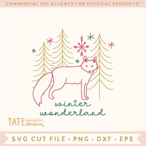 Fichier de coupe SVG Winter Wonderland Fox contour - renard des neiges arbre de Noël svg, illustration png des bois - usage commercial, fichier numérique