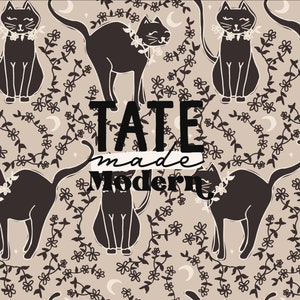 May include: A seamless pattern featuring black cats wearing flower crowns on a beige background. The text "TATE made Modern" is centered on the pattern.