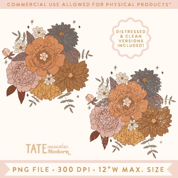 Retro Fall floral bouquet PNG for sublimation - blush pink rust Retro fall, fall mama png, floral thanksgiving- Commercial Use, Digital File