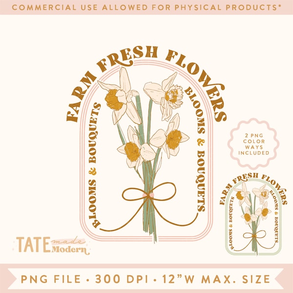 Farm fresh flowers PNG for sublimation - Retro spring daffodil png, vintage spring png, retro blooms png - Commercial Use, Digital File