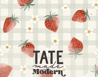 Summer Strawberries Seamless Pattern File - watercolor strawberry gingham seamless pattern, green and white summer berry fabric pattern