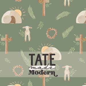 May include: A green background with a repeating pattern of crosses, lambs, palm leaves, and a stone tomb with a sun above it. The text "TATE made Modern" is in the center of the image.