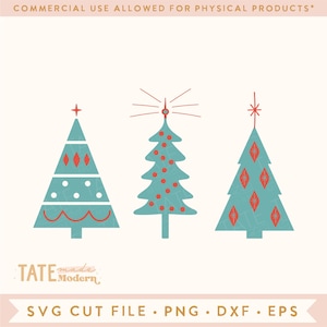 May include: Three stylized Christmas tree designs in a retro style. The trees are teal blue with red accents and white dots. The trees are on a white background.
