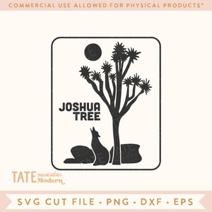 Joshua Tree Coyote Desert Scene SVG coupe fichier, svg sud-ouest, Californie svg rétro, palmiers svg - usage commercial, fichier numérique