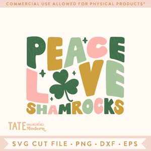 Peace Love Shamrocks SVG gesneden bestand - retro St. Patricks Day svg, schattige girly roze st. Patricks png - Commercieel gebruik, digitaal bestand