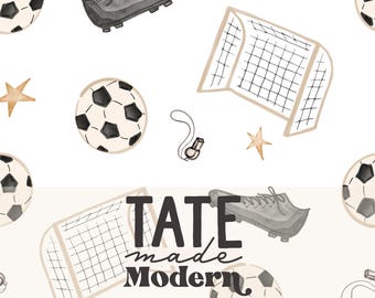 Soccer Seamless Pattern File - watercolor white neutral soccer season seamless pattern, vintage soccer kids fabric pattern