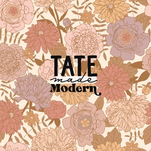 May include: A floral pattern with a cream background and brown, pink, and purple flowers. The text "TATE made Modern" is in the centre of the image.
