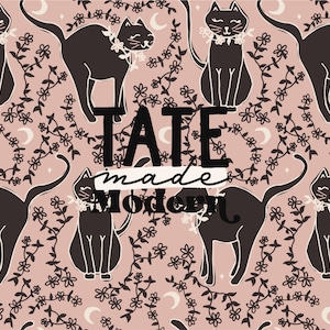May include: A seamless pattern featuring black cats with floral wreaths around their necks, set against a light pink background. The pattern also includes small white flowers, crescent moons, and stars. The text "TATE made Modern." is centered in the design.