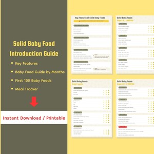 Op de afbeelding: Een afdrukbare gids op een gele achtergrond, getiteld "Introductiegids voor vast voedsel voor baby's". De gids bevat secties over belangrijke kenmerken, een babyvoedingsgids per maand, de eerste 100 babyvoedingsmiddelen en een maaltijdtracker.