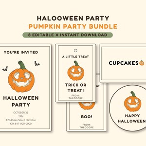 May include: A Halloween party pumpkin party bundle featuring editable instant download templates. The set includes an invitation, gift tags, a cupcake label, and a round sticker, all decorated with orange jack-o'-lantern illustrations.