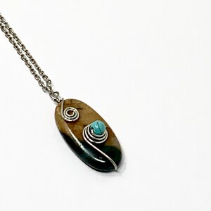 Wire Wrapped, Oval Jasper, Raw Beach Stone, Land Scape Pendants/Necklaces ##11