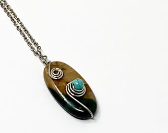Wire Wrapped, Oval Jasper, Raw Beach Stone, Land Scape Pendants/Necklaces ##11