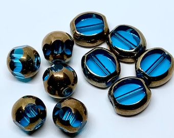 Blue Glass Beads: Copper Framed Oval & Circle Beads, Jewelry Making (5 PCS)