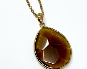 Teardrop Glass Topaz Pendant Necklace, Gold Bezel