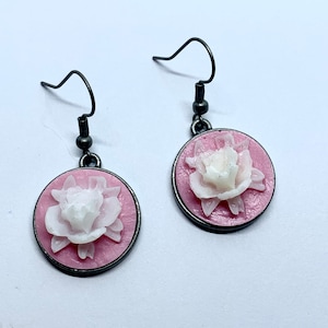 Handmade Flower Cameo Earrings: Victorian Style Bronze Rhinestone Jewelry